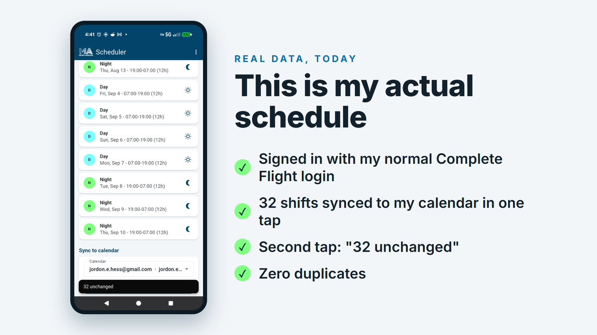 Metro Scheduler showing a real schedule synced to a phone calendar